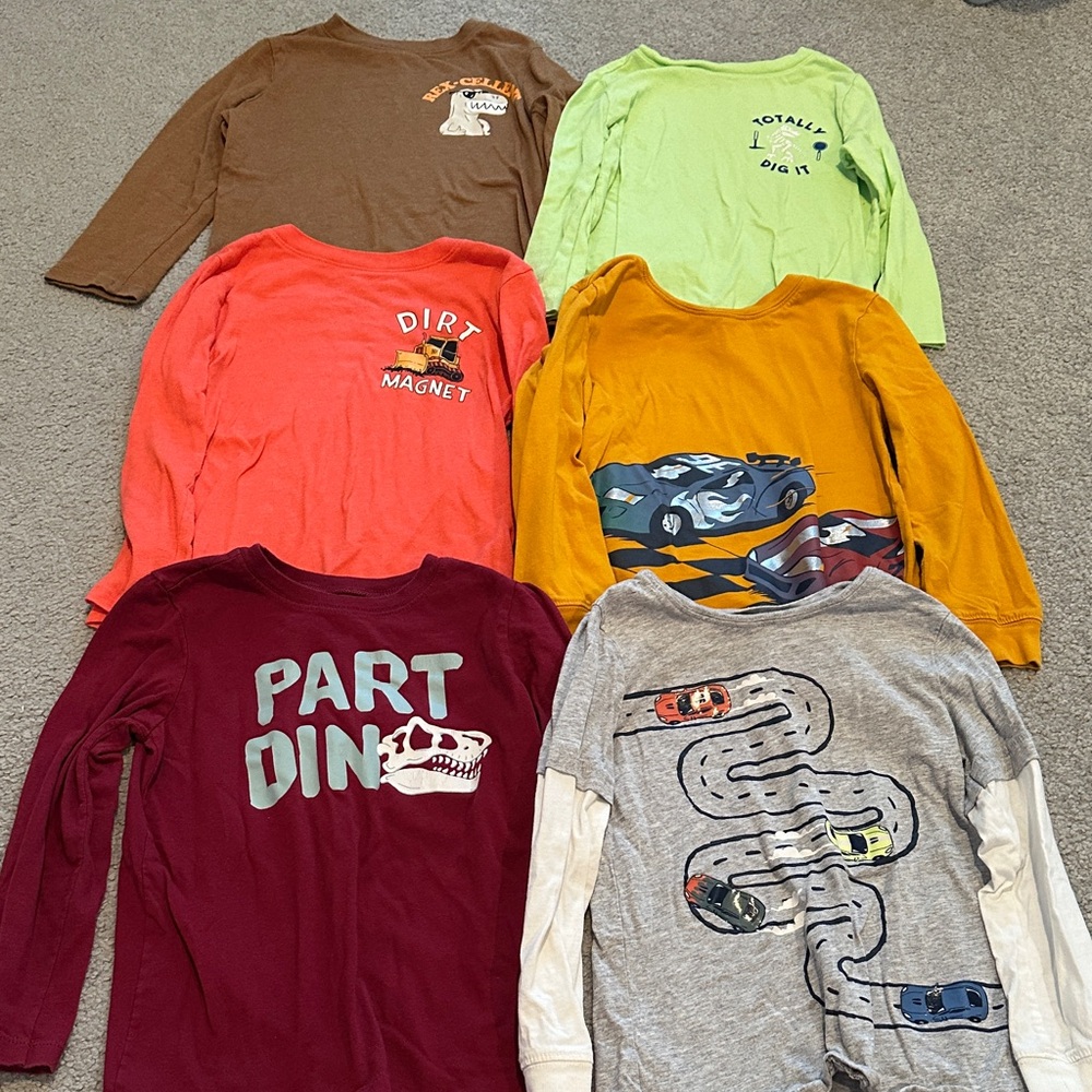 Carter's Kids Long Sleeve Dino and Car Tees - Brown, Green, Orange, Red, Gray